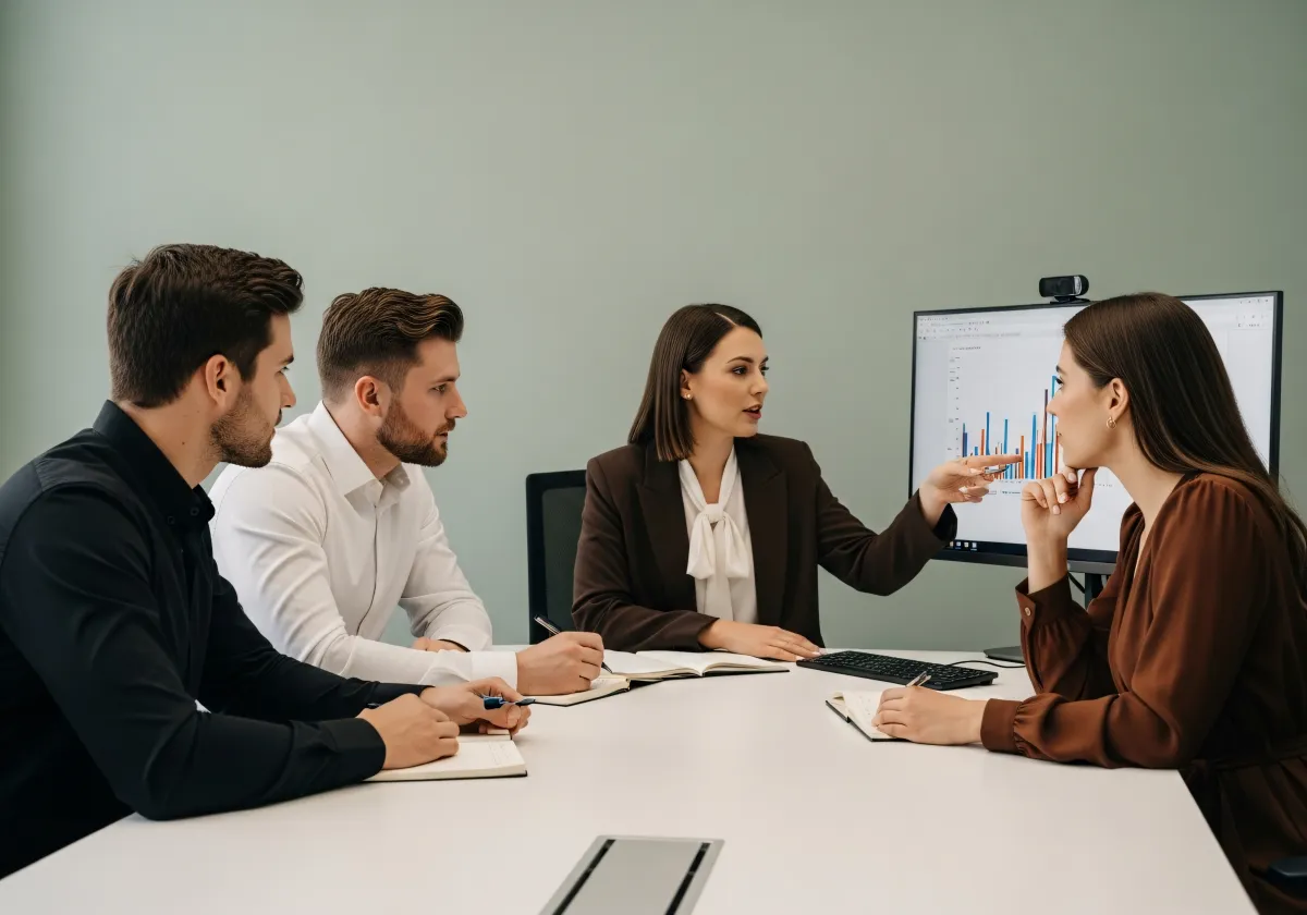 Equipa em reunião analisando dados